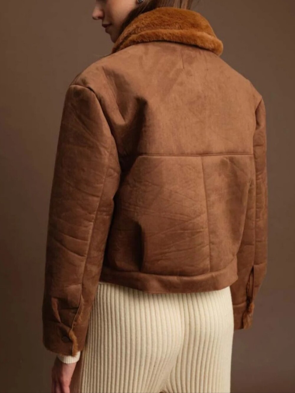 DELUC NWT Matthew Brown Faux Suede Fur Trim Cropped Jacket Coat Size M Cozy Fall - Picture 13 of 13